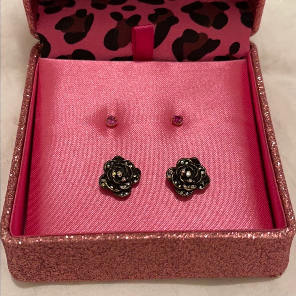 Betsey Johnson Rose Earring set with glitter box
